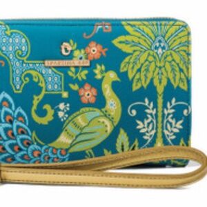 Spartina 449 Peacock Manor Zip Wallet — Oh So Witty — Leather/Canvas Wristlet